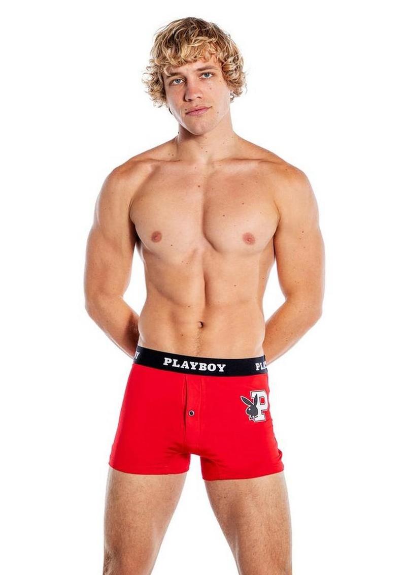 Playboy Mens Varsity Boxer Briefs – Red/White – 1XLarge