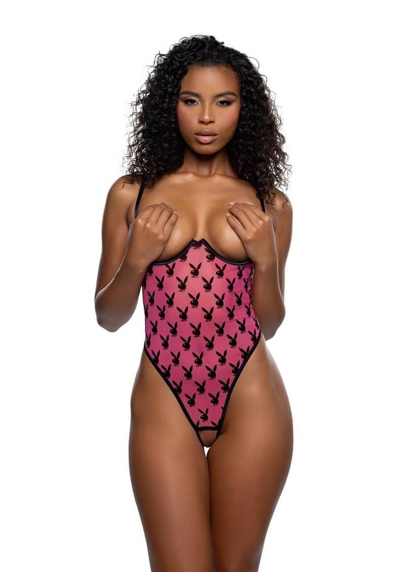 Playboy Ravishing Bunny Crotchless Teddy – Large/XLarge – Hot Pink